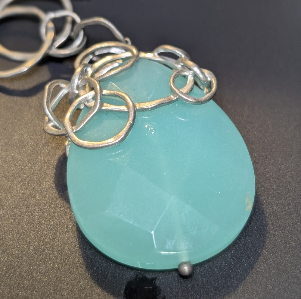 Lia Sophia Aqua Glass Pendant Necklace Silver Statement Coastal Quiet Luxury - Picture 5 of 9